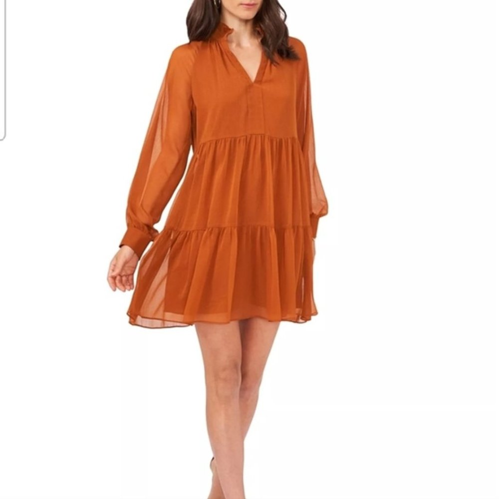 NWT 1 STATE Long Sleeve V-Neck Chiffon Babydoll Dress in Pumpkin Spice, Sz S
